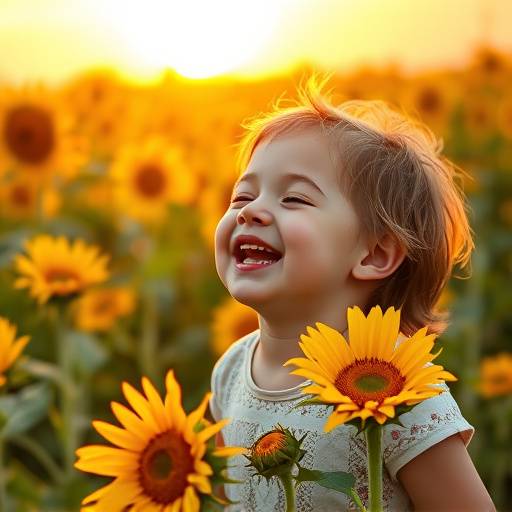 A child giggles as they are being photographed in a field of sunflowers. The picture is bursting with joy and natural light.