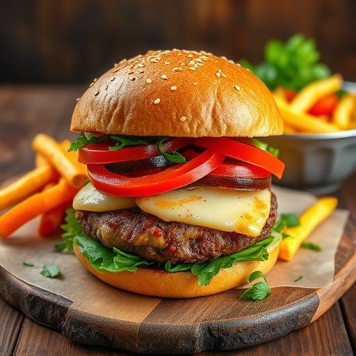 Appetizing food photography of a gourmet burger, highlighting its fresh ingredients and perfect presentation on a rustic wooden table.