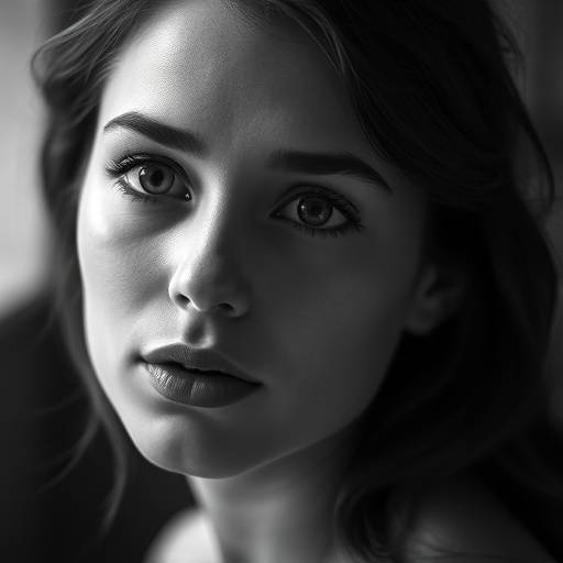 Elegant black and white portrait of a young woman in a classic style, showcasing subtle lighting and a timeless expression.