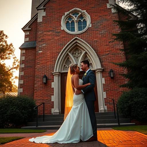 Exterior shot of a newlywed couple in front of a church