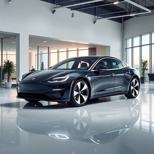 Image of a sleek new electric car showcased in a modern showroom. The car gleams under the professional lighting and the background is minimalistic.
