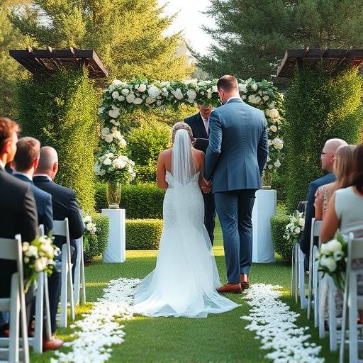 Outdoor wedding ceremony photograph showing the bride walking down the aisle, surrounded by lush greenery and with the groom awaiting her at the altar.